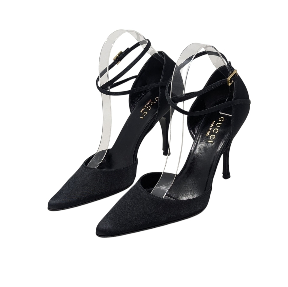 Gucci Black Satin Strappy Pointed Dress Up Evening Heels Stiletto Size 9B